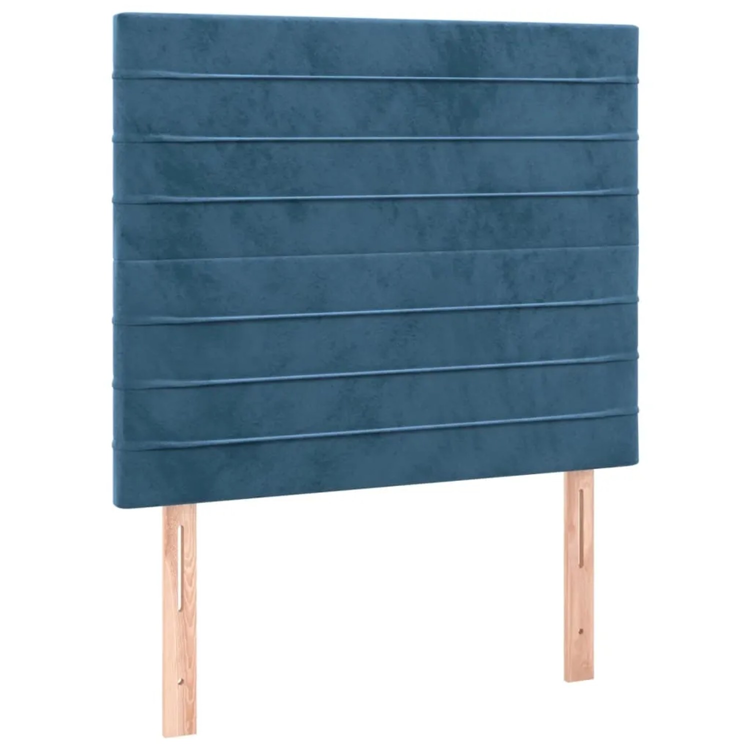 Boxspringbett vidaXL, dunkelblaues Samt-Kopfteil mit horizontalen Ziernähten und Holzfüßen.