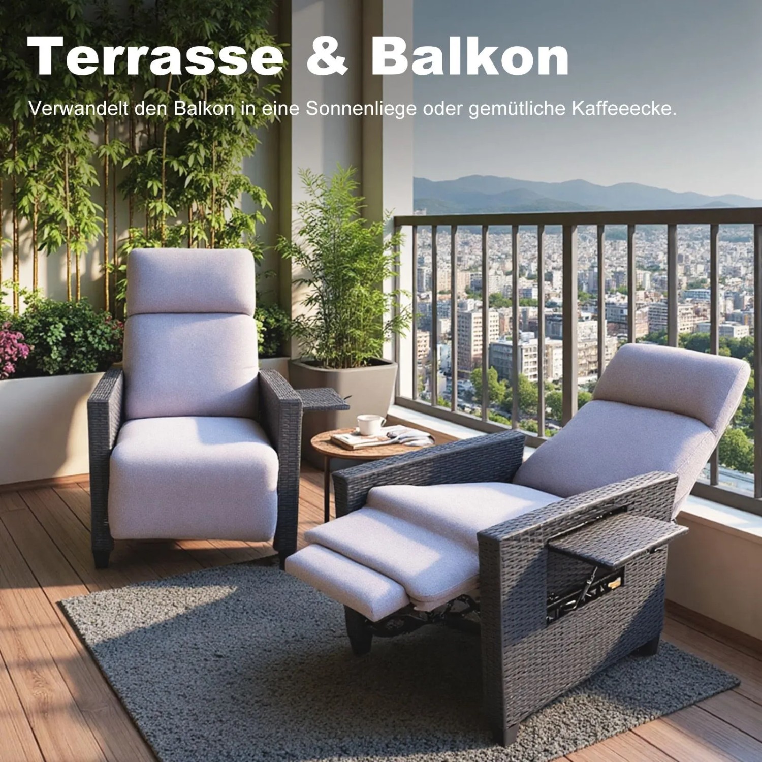 HOMAVO Gartensessel Rattansessel mit verstellbarer Lehne und Beistelltisch auf Balkon.