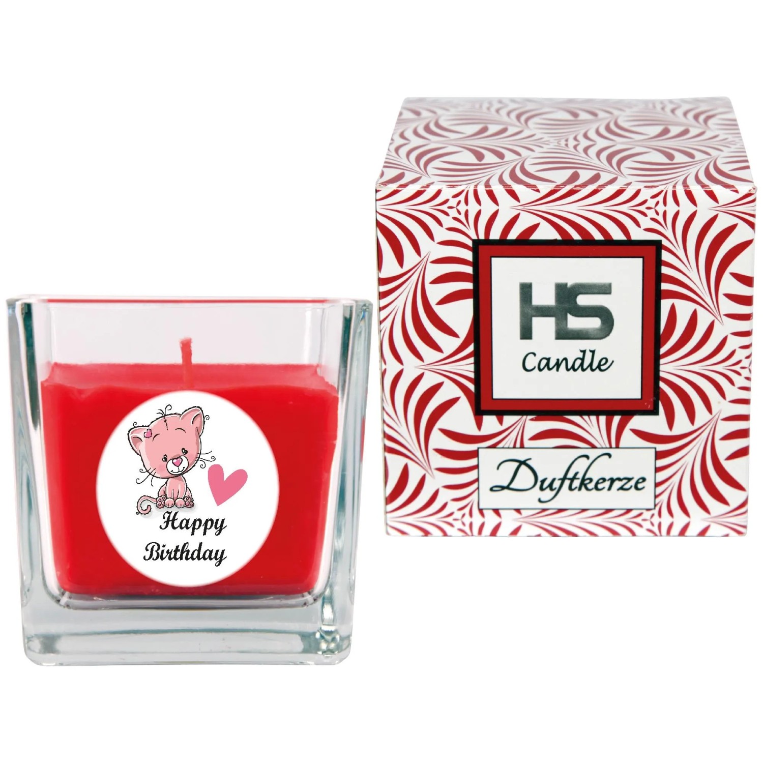 HS Candle Duftkerze Happy Birthday mit Katze im Glas und Geschenkverpackung.