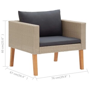 Beiger Gartenlounge Sessel aus Rattan mit anthrazitfarbenen Auflagen, Teil des 3-tlg Sets.