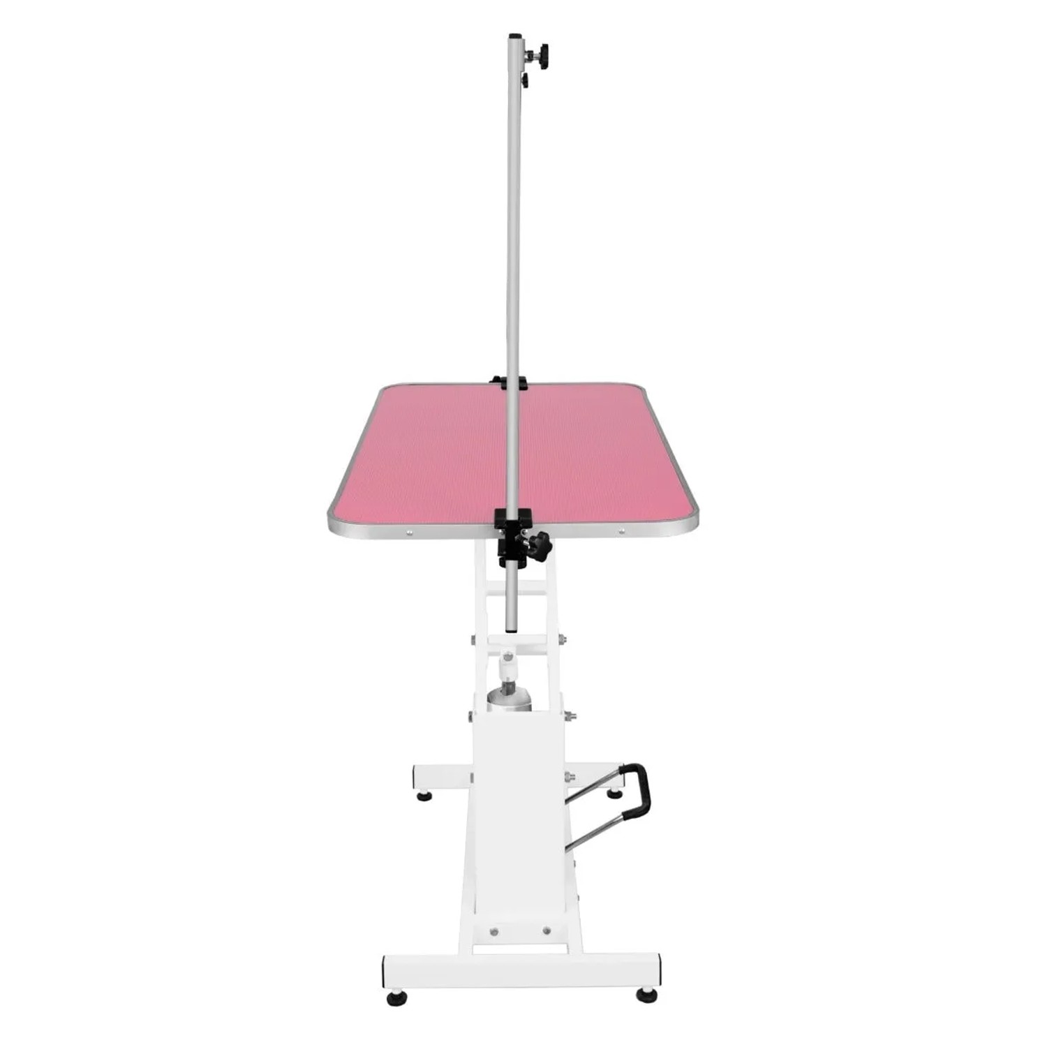 Hydraulischer Pflegetisch in Weiß mit rosa Tischplatte für die Hundefellpflege.