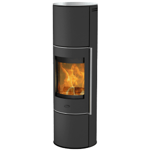 Schwarzer Fireplace Perondi Kaminofen aus Stahl mit Flammen im Brennraum.