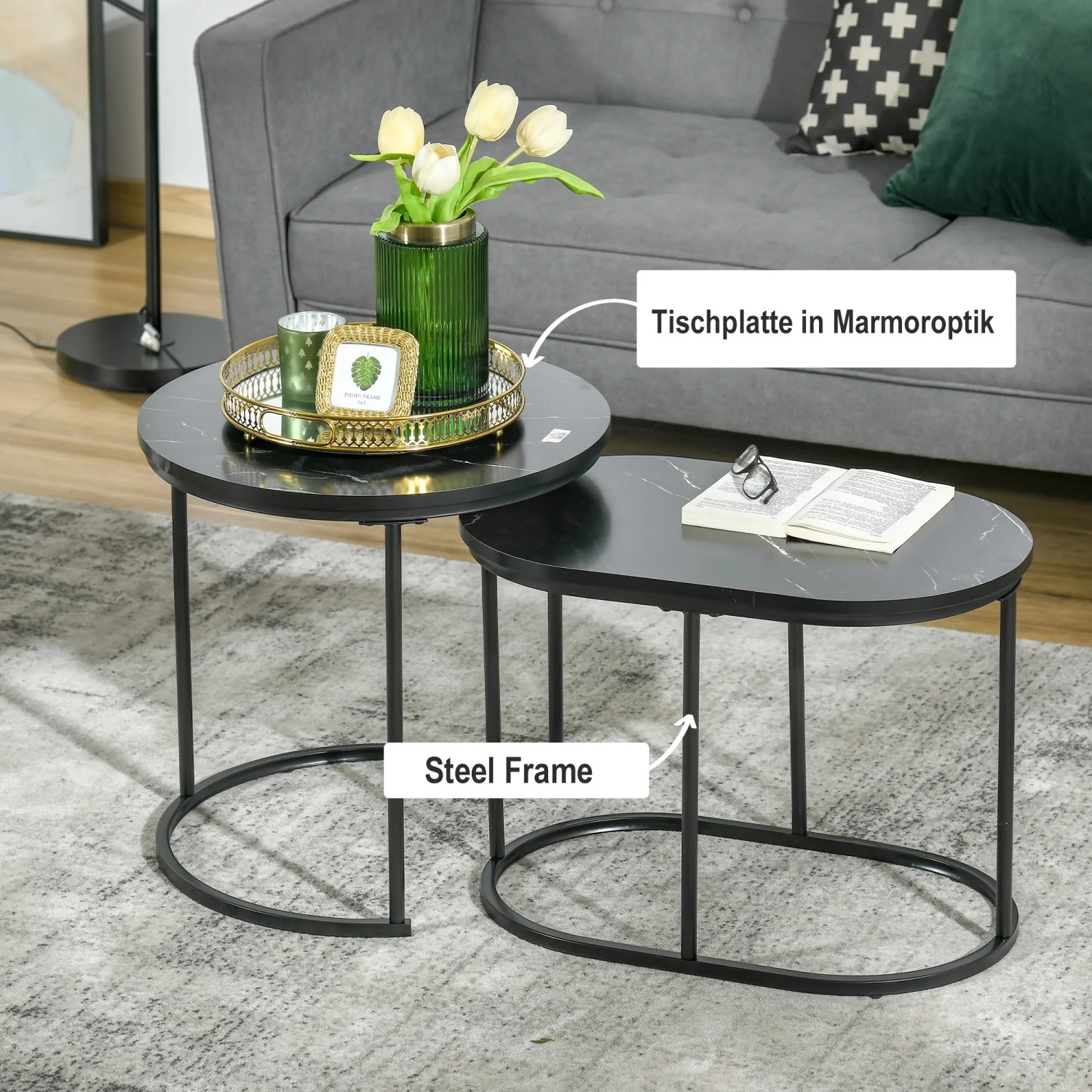 HOMCOM Couchtisch schwarz 2er Set Rund Oval Stapelbar MDF Stahl Ø50 cm kaufen bei OBI