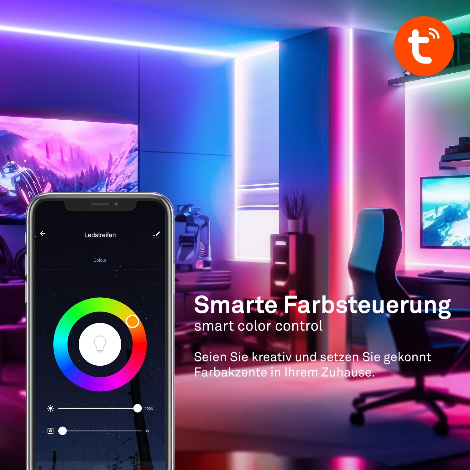 Briloner LED-Band Starter-Set mit Farbwechsel im modernen Wohnraum, gesteuert per App.