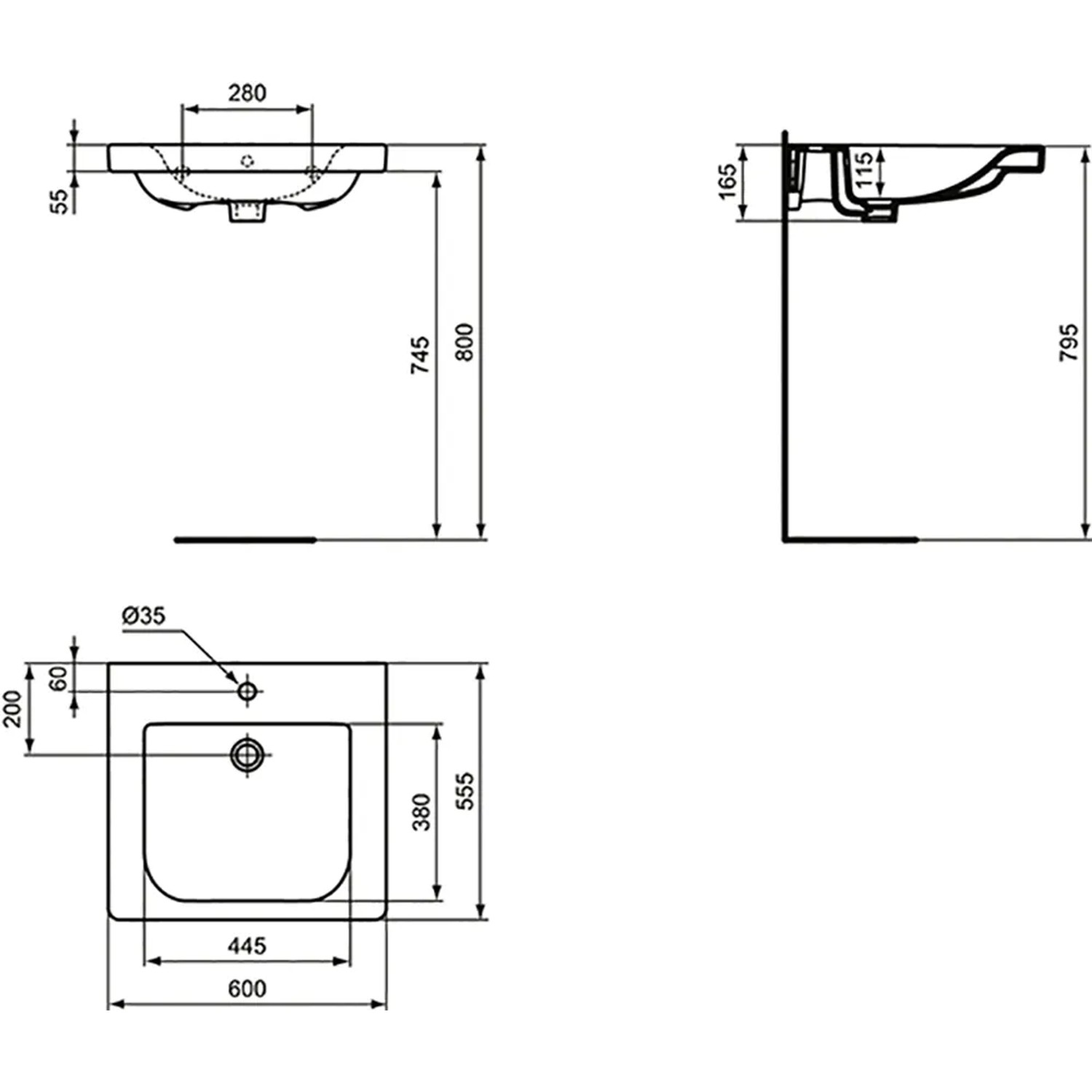 Technische Zeichnung: Ideal Standard Connect Freedom Waschtisch, 60x55 cm, barrierefrei, mit Hahnloch und Überlauf.