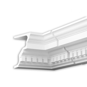 Weißes PROFHOME Eckelement 402221, Innenwinkel/Außenstuck, 37x37x25 cm, für Fassaden.