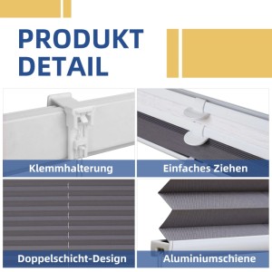 Detailansicht Sekey Doppelplissee Day&Night Grau: Klemmhalterung, einfache Bedienung, Doppelschicht-Design, Aluschiene.