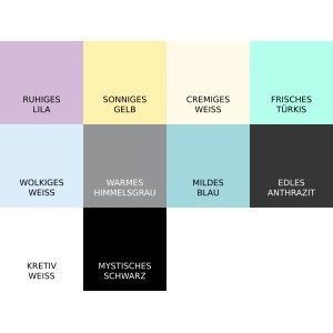 Farbauswahl Bondex Kreidefarbe Spray: Lila, Gelb, Weiss, Türkis, Grau, Anthrazit und Schwarz.