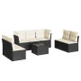 vidaXL Garten-Sofagarnitur, 8-teilig, schwarz, Poly Rattan mit cremeweißen Kissen.