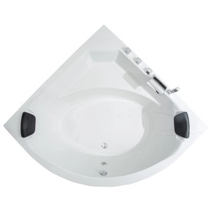 Weiße Basera Eckbadewanne Korfu 155x155 cm mit Armatur und Kopfstützen, Draufsicht.