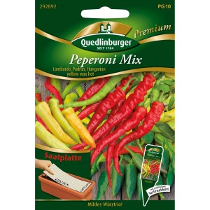 Quedlinburger Peperoni Mix Saatplatte mit roten, gelben und grünen Peperoni.