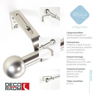 Deco-Raum Gardinenstangen Set Ausziehbar 1-Lauf Kugel Flexa Ø 16/19 mm 70-120cm Edelstahl-optik