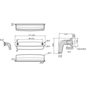Maßzeichnung Furnipart Möbelgriff Art La, Gusseisen schwarz, mit 96 mm Lochabstand und Detailansichten.
