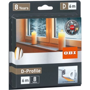 Verpackung der weißen OBI Türdichtung/Fensterdichtung aus Gummi mit D-Profil, 6m Länge.