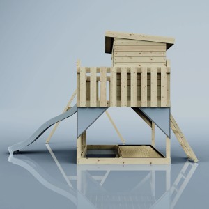 PolarPlay Spielturm Tjorven mit Schaukel und Rutsche aus Holz, unbehandelt.