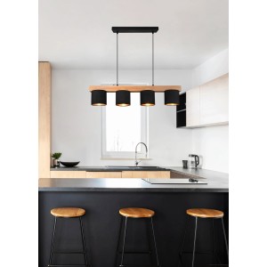 Moderne Reality Pendelleuchte Cameron, 4-flammig, mit Holz und schwarzen Stoffschirmen in Küche.