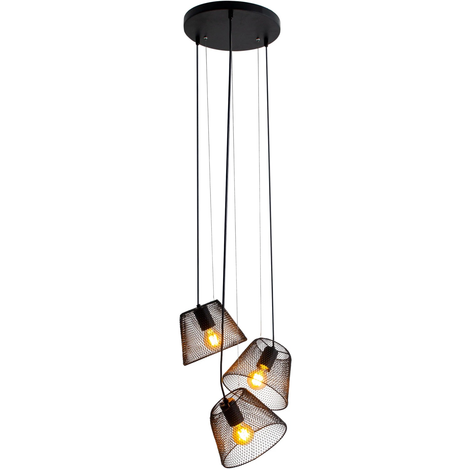 Näve Pendelleuchte Korie mit 3 schwarzen Metallschirmen und E27 Fassungen.