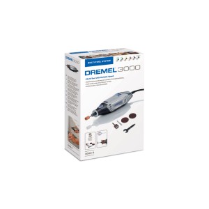 Dremel Multi 3000-5 Multifunktionswerkzeug-Set im Karton mit Schleifrolle, Trennscheiben und Schlüssel.