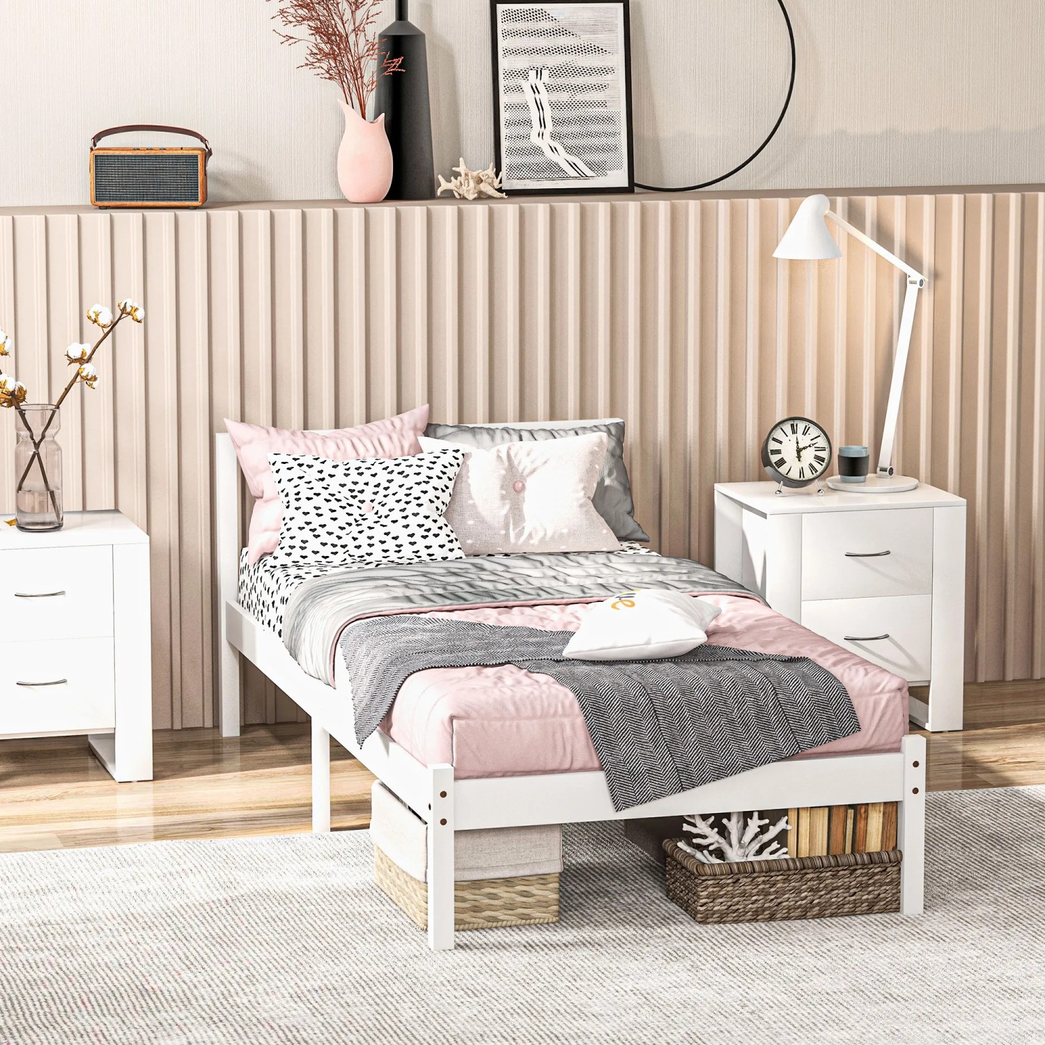 Weißes Holzbett: HOMCOM Einzelbett mit Lattenrost und Kopfteil im Schlafzimmer.