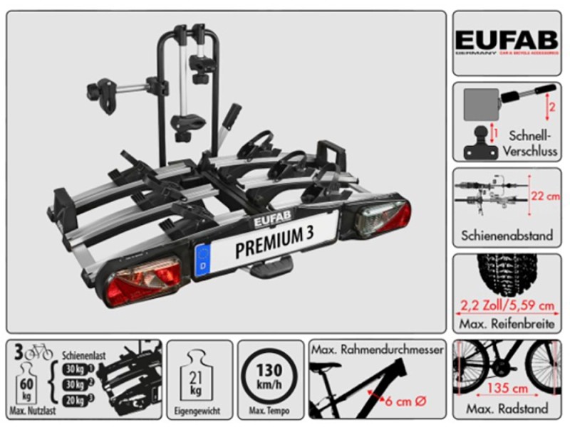Eufab Fahrrad-Kupplungsträger Premium 3 mit Abklappfunktion | Fahrradträger & Transport