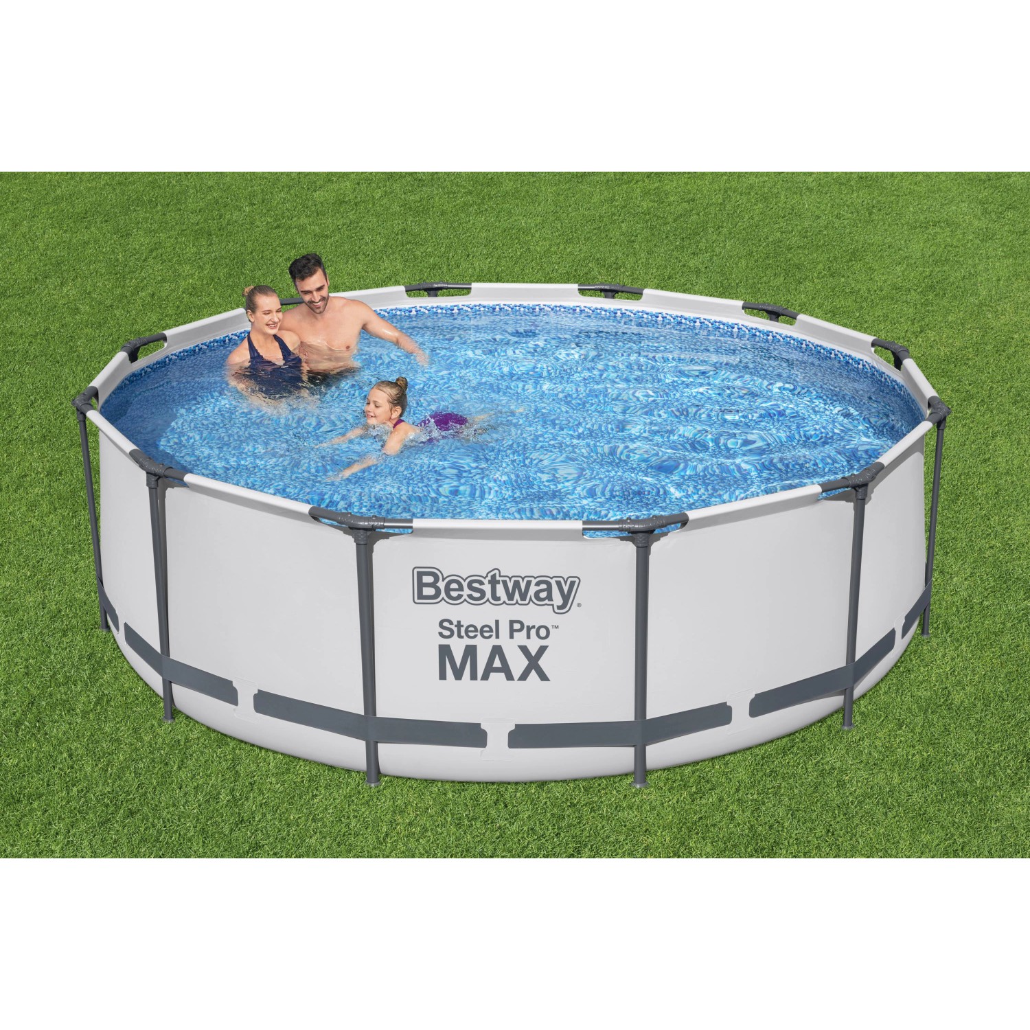 Bestway Stahlrahmen-Pool Set Steel Pro Max, Ø 366 cm, mit Familie im Garten.