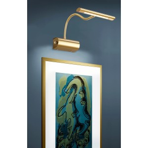Messingfarbene LED-Wandleuchte Curtis mit Flexarm und Dimmer zur Bildbeleuchtung.