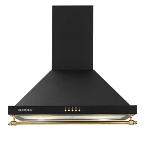 Klarstein Montblanc 60 Dunstabzugshaube, schwarz mit goldener Reling und LED-Beleuchtung.