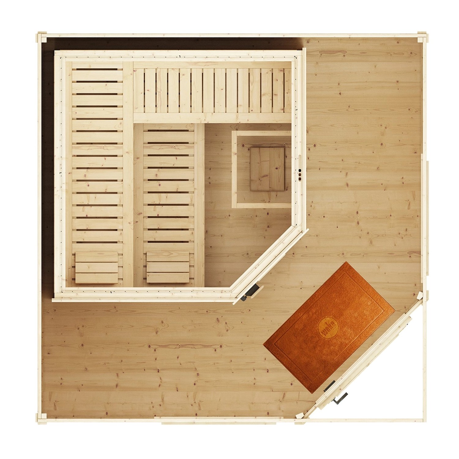 Draufsicht Weka Saunahaus Kurikka 380x380 cm mit Saunaofen, Liegen und Bodenmatte.