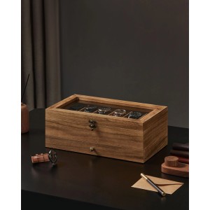 Songmics Uhrenbox aus Paulownia-Holz in Walnuss-Optik für 12 Uhren, mit Glasdeckel und Schublade.