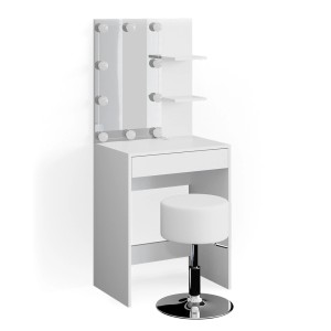 Weißer Vicco Schminktisch Isabelle (60 cm) mit LED und Hocker. Frisiertisch mit Spiegel und Ablageflächen.