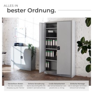 Grauer Tectake Aktenschrank aus Stahl mit zwei Flügeltüren und fünf Fächern.