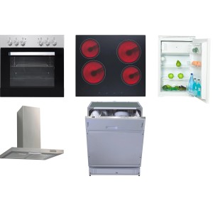 Flex-Well Küchengeräte-Set 11: Einbauherd, Kochfeld, Kühlschrank, Geschirrspüler und Dunstabzugshaube.