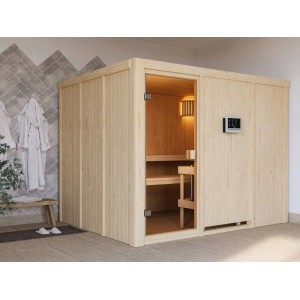 Helle Karibu Innensauna Celine aus Holz mit Glastür, Bänken und externer Steuerung im modernen Wellnessbereich.
