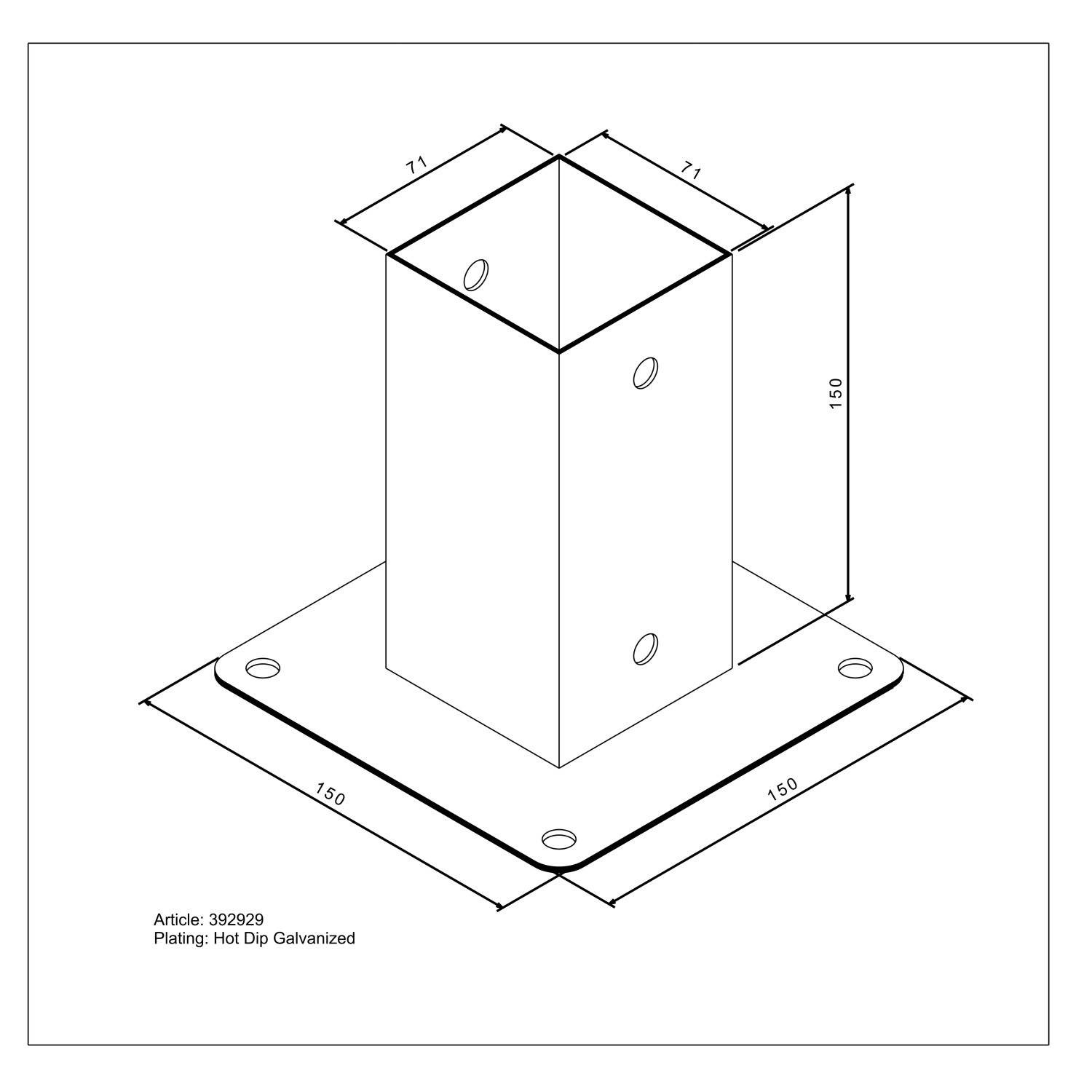 Feuerverzinkte Aufschraubhülse 150x71 mm für 70 mm Pfosten, ideal für den Außenbereich.