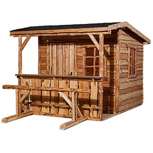 Naturbelassenes weka Gartenhaus 820 A mit Theke und Sitzgelegenheit aus Holz.
