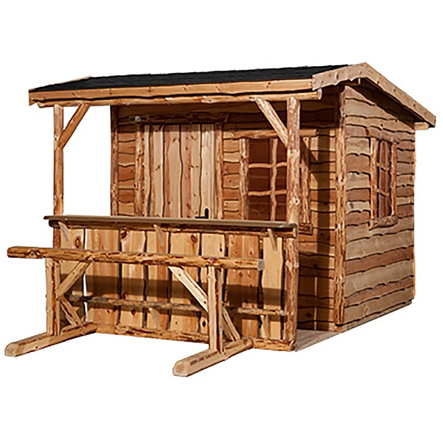 Naturbelassenes weka Gartenhaus 820 A mit Theke und Sitzgelegenheit aus Holz.