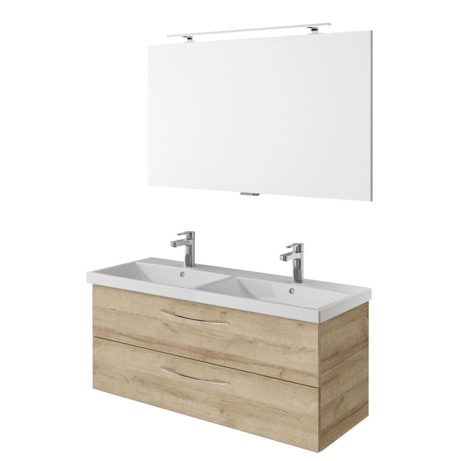 Pelipal Badmöbel-Set Serie 4035 in Riviera Eiche mit Doppelwaschtisch und Spiegel.
