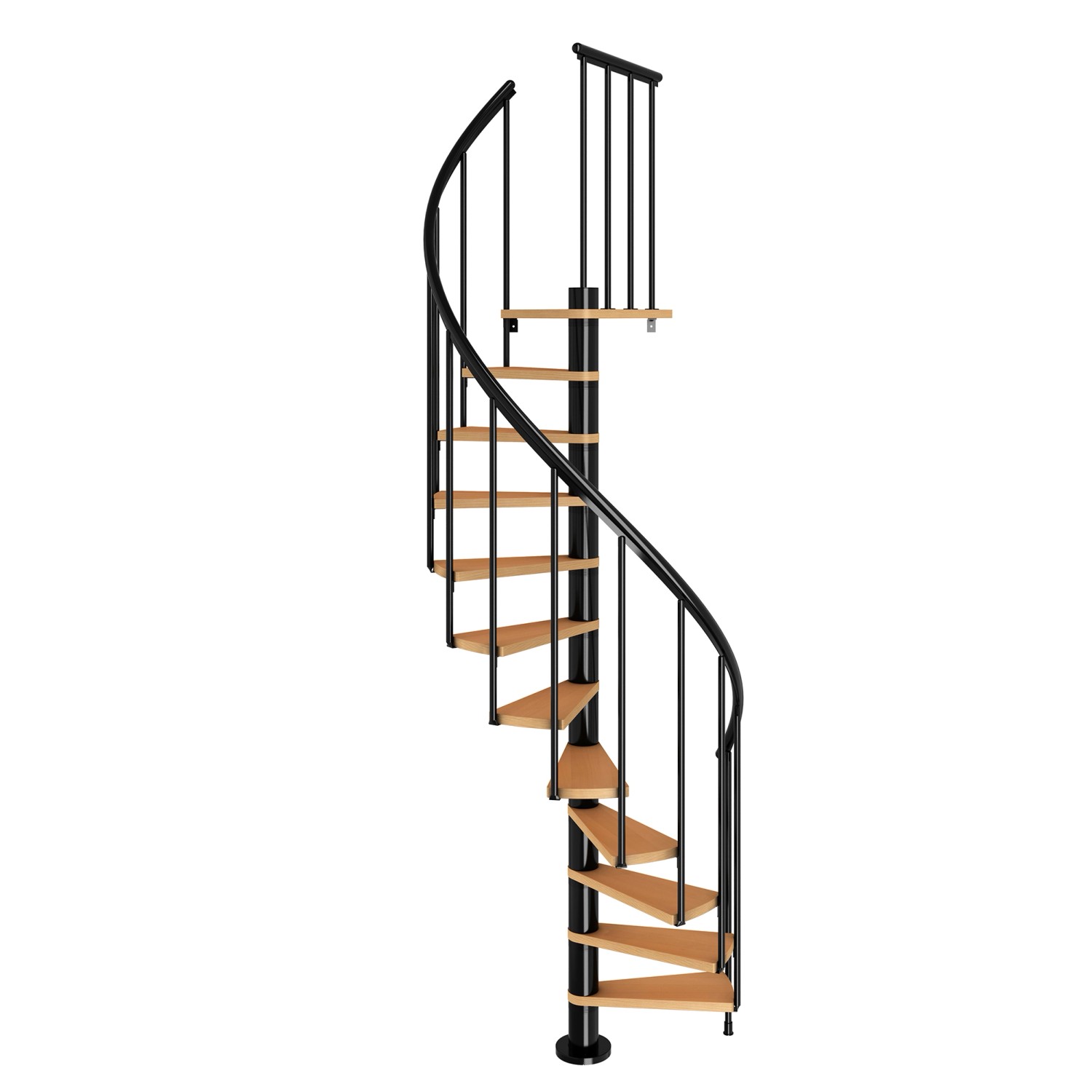 Dolle Spindeltreppe Calgary, Ø 120 cm, anthrazitfarbene Metallelemente und 11 Holzstufen.
