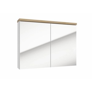 Weißer Spiegelschrank aus MDF mit zwei SoftClose Spiegeltüren und oberem Paneel in Trüffelbuche Holzoptik, 80x60cm.