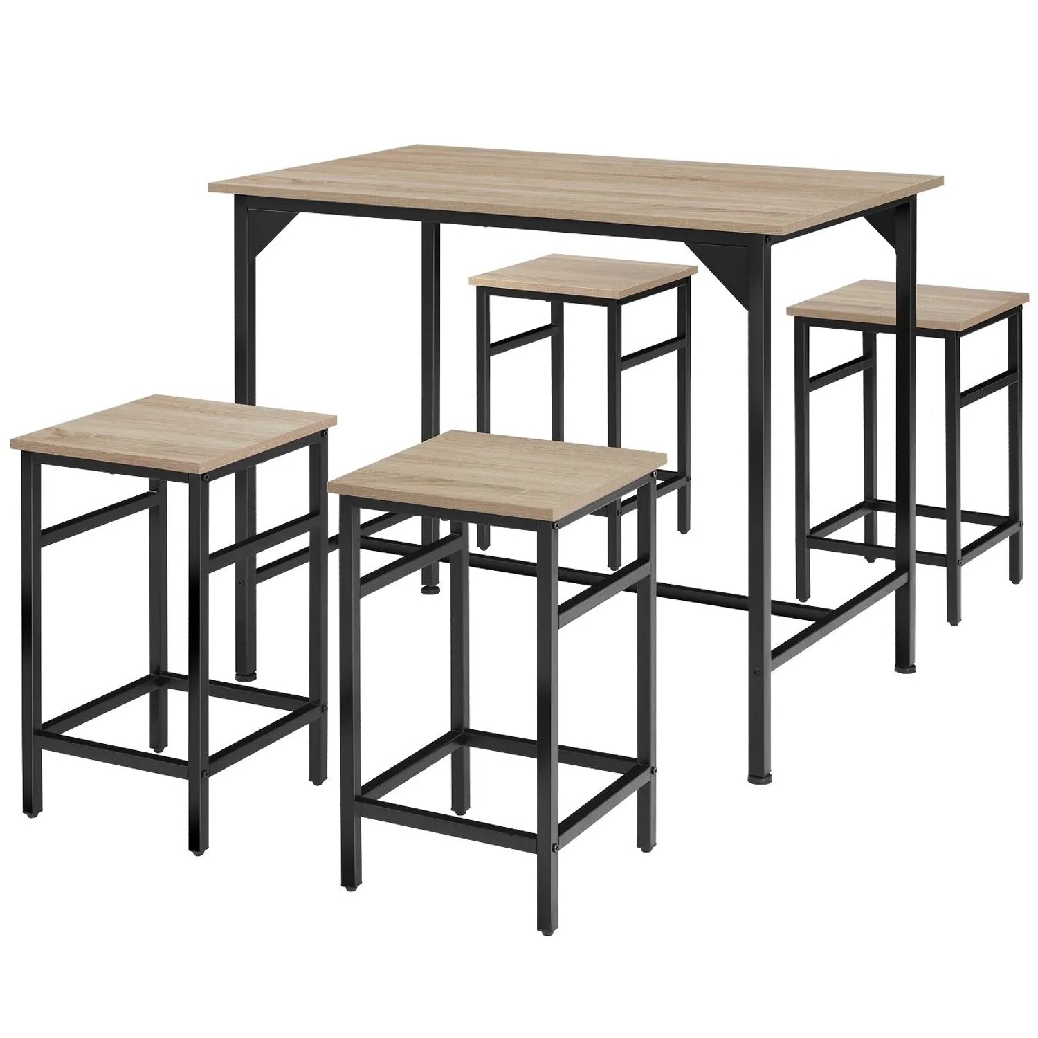 Tectake Bartisch Set Edinburgh 5 Teilig Tisch Mit 4 Hockern  100 x 124 x 88 50 cm Industrial Holz Hell  Eiche Sonoma