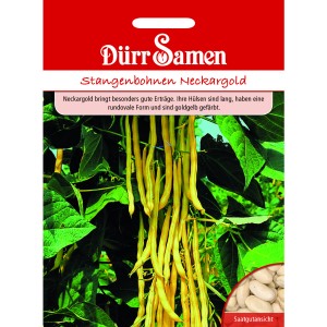 Dürr Samen Stangenbohnen Neckargold: Saatguttüte mit goldgelben Bohnen am Strauch.