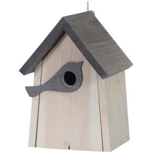 Hellgrau-anthrazitfarbener Nistkasten mit Vogelfigur am Einflugloch.