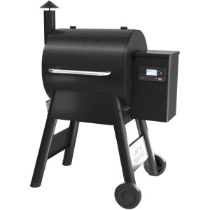 Schwarzer Traeger Holzpelletgrill Pro 575 mit digitalem Controller und Rädern.