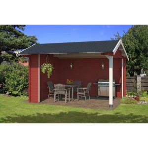 Schwedenroter Holz-Unterstand/Lounge Kirian 300 mit Möbeln und Grill im Garten.