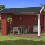 Schwedenroter Holz-Unterstand/Lounge Kirian 300 mit Möbeln und Grill im Garten.
