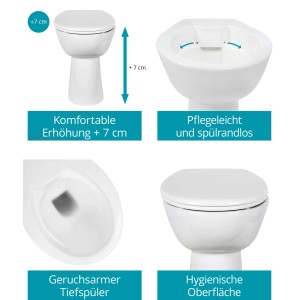 Weißes, erhöhtes Stand-WC Set mit spülrandloser Technik und Absenkautomatik.