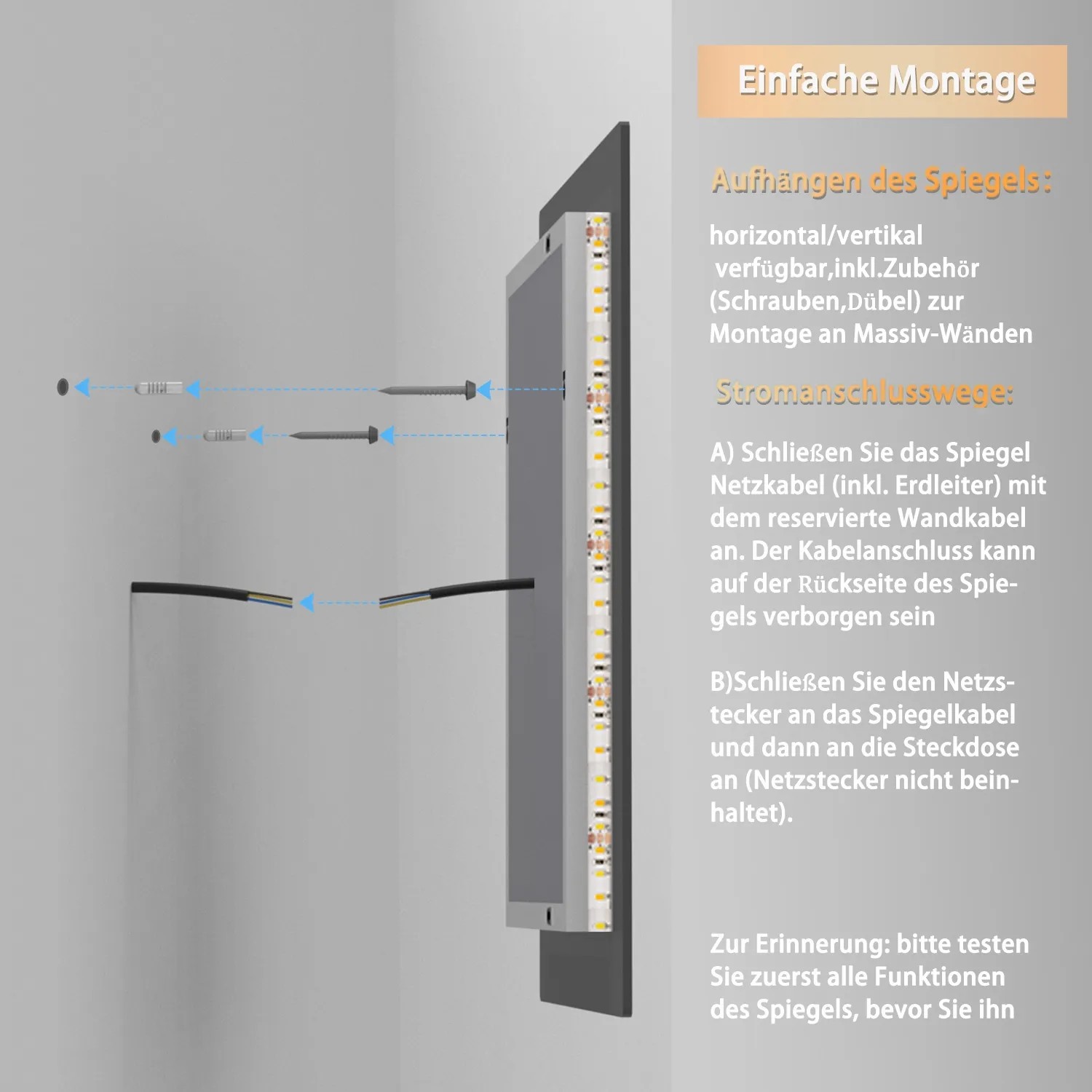 Montage des LED Badspiegels mit Zubehör an der Wand.