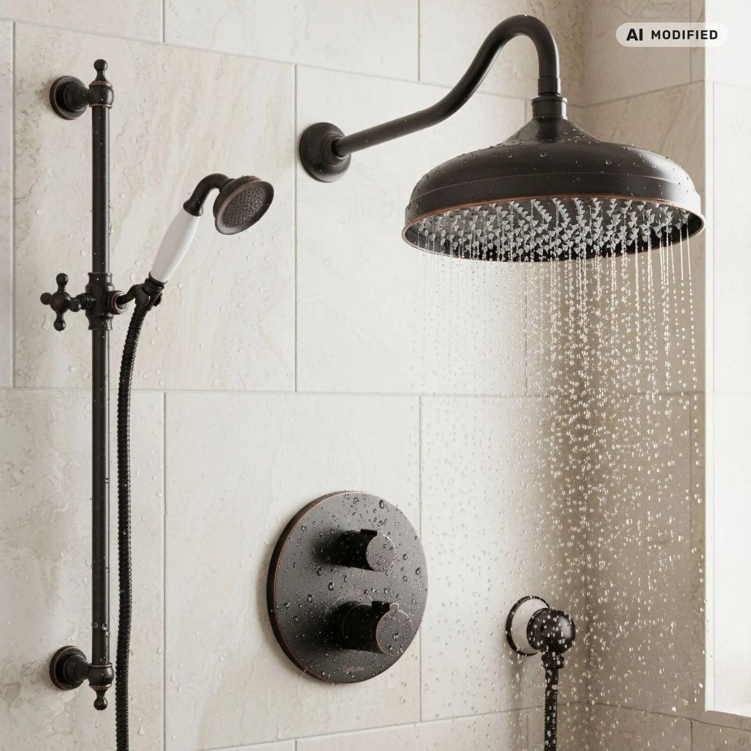 PaulGurkes Duschsystem Nostalgie Schwarz mit Regendusche, Handbrause und Thermostat an heller Fliesenwand.