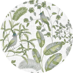 Komar Vliesfototapete Sommerliebe mit Vogel- und Pflanzenmotiven in Grün- und Grautönen.