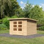 Unbehandeltes Karibu Holz-Gartenhaus Sitten mit Pultdach im Garten.